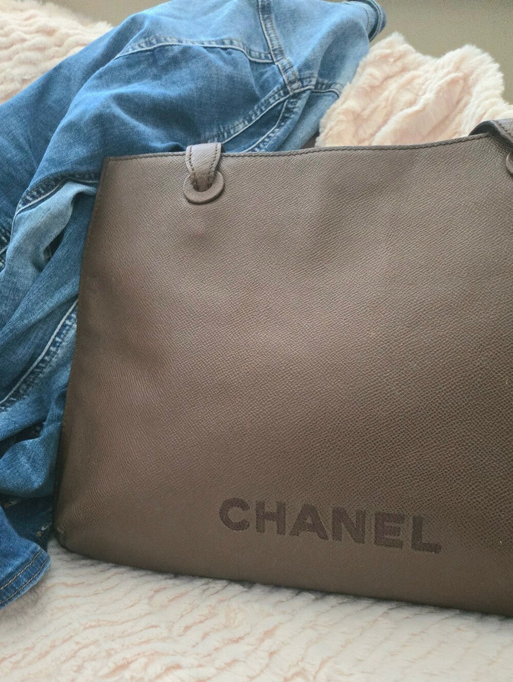Authentic CHANEL Vintage Large 16.5” Brown Caviar Leather Logo Tote Bag